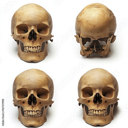 4 skulls, front view, side view, top view, bottom view, white background