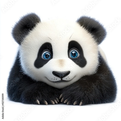 A cute cartoon panda with big blue eyes, resting on its paws, exuding a playful charm.