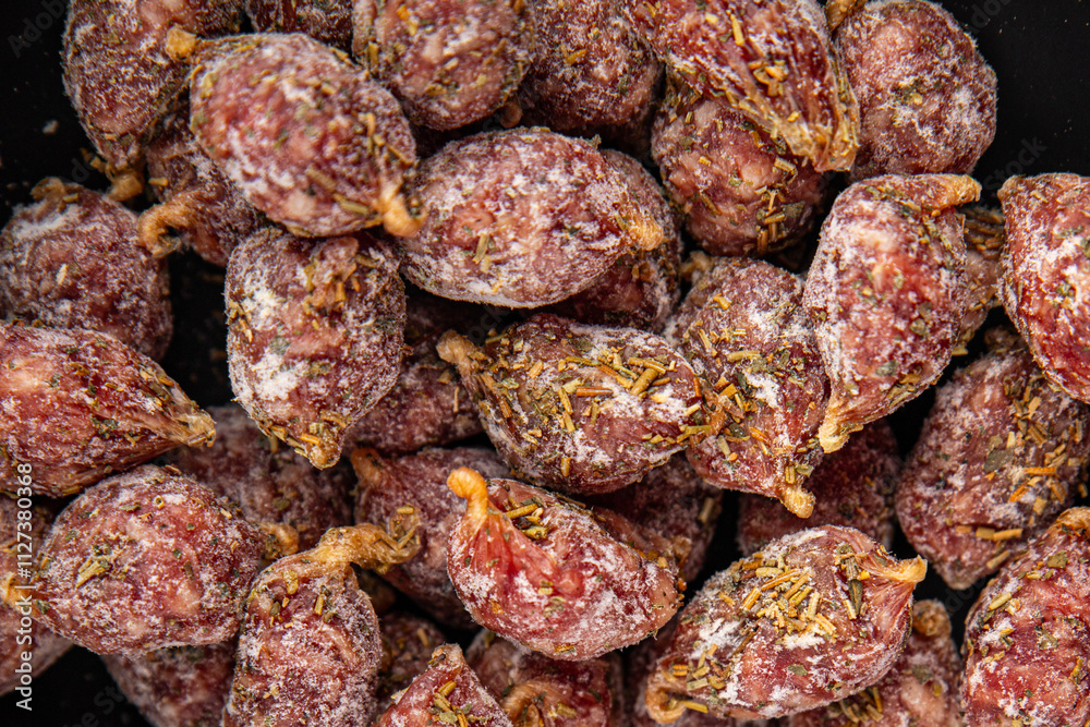 small smoked sausages appetizer mini salami sausage kabanosy fast food fresh tasty food dish delicious gourmet food background on the table rustic food top view copy space small smoked sausages appetizer mini salami sausage kabanosy fast food fresh tasty food dish delicious gourmet food background on the table rustic food top view copy space