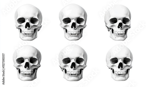 6 skull head poses, isolated on a white background