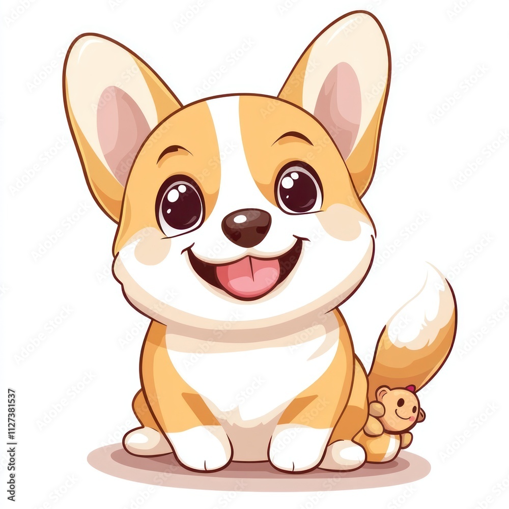A cute cartoon corgi with a smiling expression and a small toy, exuding joy and playfulness. A cute cartoon corgi with a smiling expression and a small toy, exuding joy and playfulness.