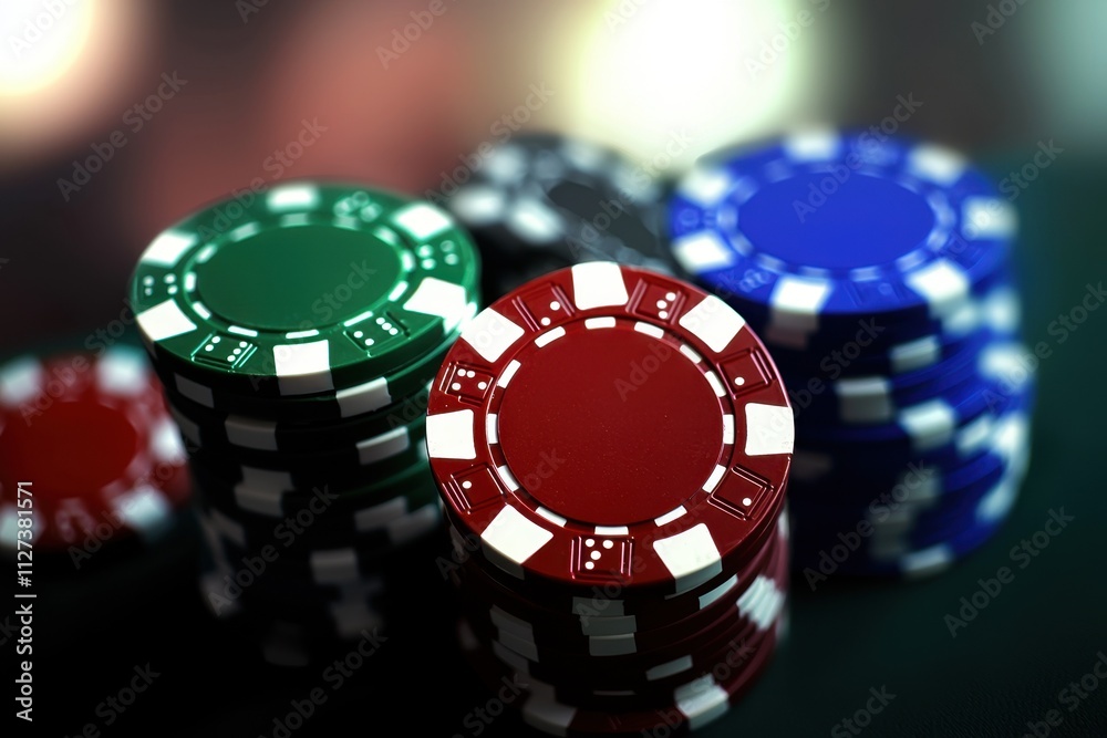 A pile of poker chips with a green, red, and blue chip A pile of poker chips with a green, red, and blue chip