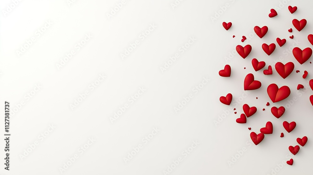Red paper hearts are scattered around a white background, creating a romantic and elegant design perfect for Valentine's Day. The central space is ideal for text or product placement Red paper hearts are scattered around a white background, creating a romantic and elegant design perfect for Valentine's Day. The central space is ideal for text or product placement