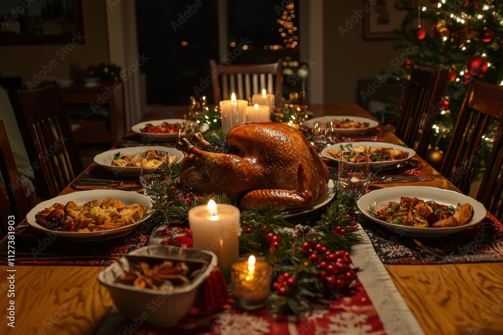 A large turkey is the centerpiece of a Christmas dinner table