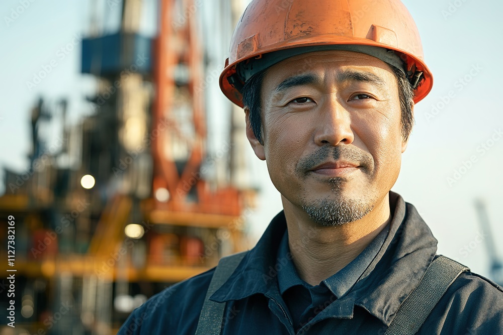 Asian worker in orange helmet at industrial site Asian worker in orange helmet at industrial site