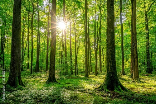 A forest with trees and sunlight shining through the leaves