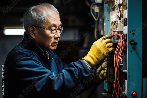 Elderly technician works on electrical cabinet