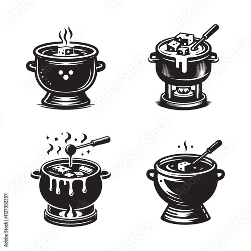 Cheese Fondue Pot Silhouette Set - Vector Illustrations of Classic and Modern Fondue Pots