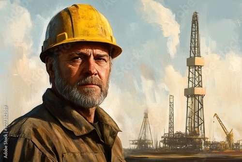 Rugged oil worker with drilling rigs in background