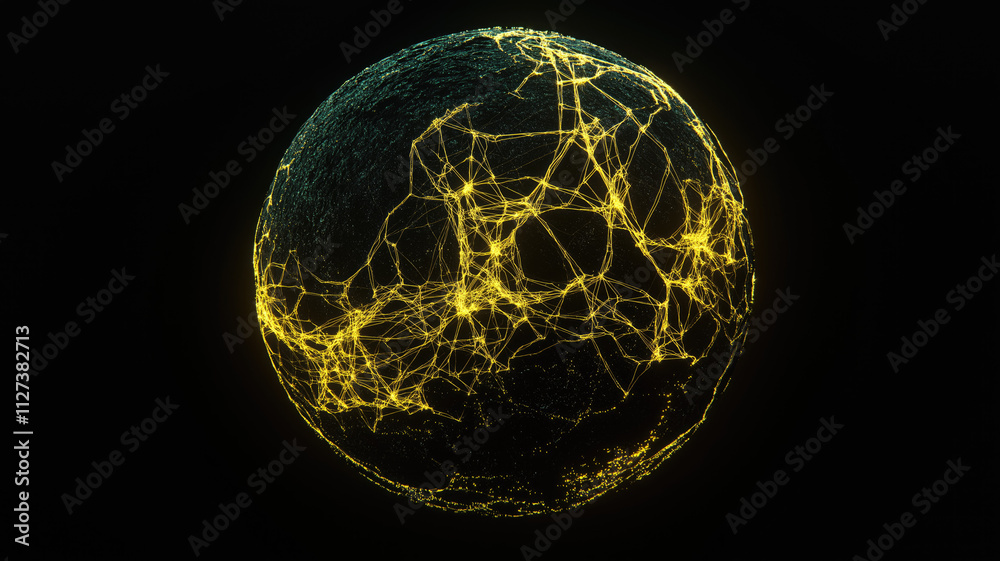 Generative AI illustration of glowing planet with yellow network connecting cities on black background Generative AI illustration of glowing planet with yellow network connecting cities on black background