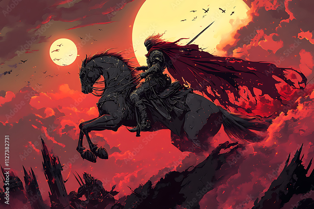 A heroic knight on a black horse against a dramatic sunset, embodying adventure and fantasy. A heroic knight on a black horse against a dramatic sunset, embodying adventure and fantasy.
