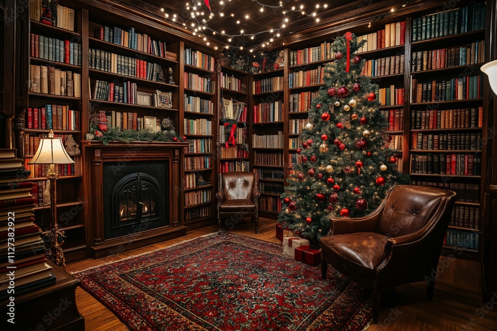 Christmas tree illuminating cozy library interior with fireplace Christmas tree illuminating cozy library interior with fireplace