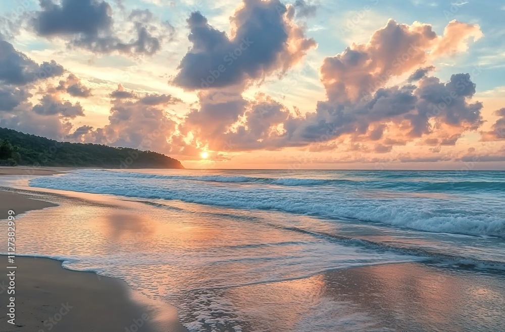 Fototapeta premium Beautiful beach sunset with clouds and sea waves in the background.
