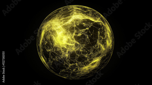 Generative AI illustration of glowing planet with yellow network connecting cities on black background