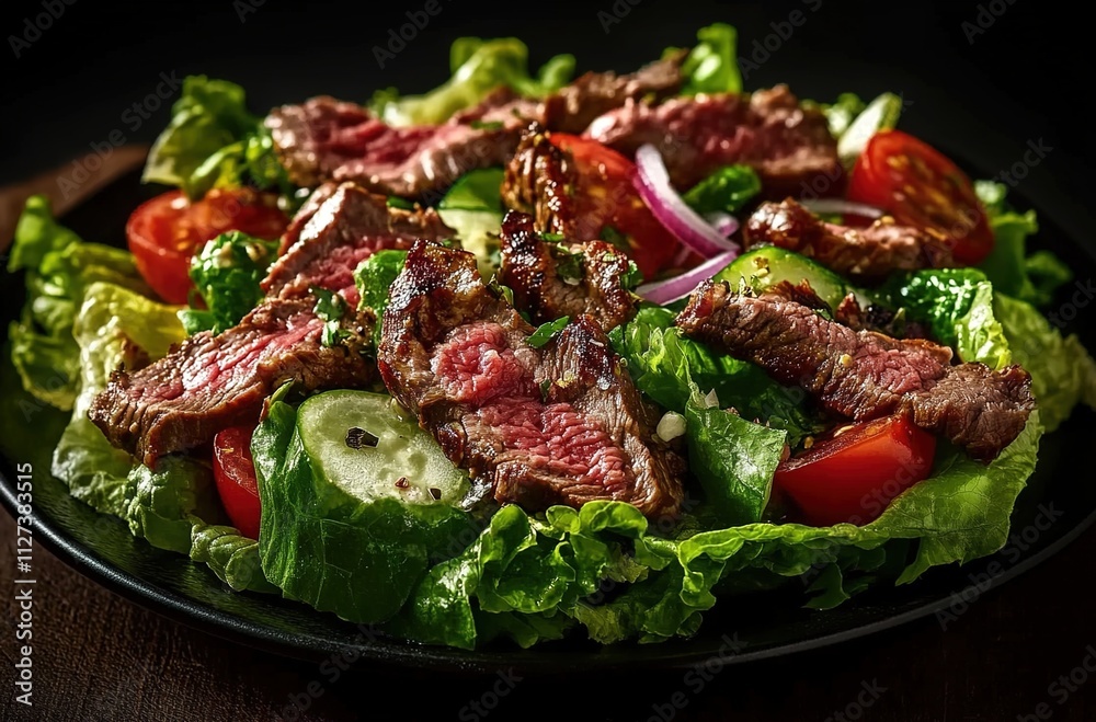 Grilled beef salad with lettuce, tomatoes, and red onion on a dark background Grilled beef salad with lettuce, tomatoes, and red onion on a dark background