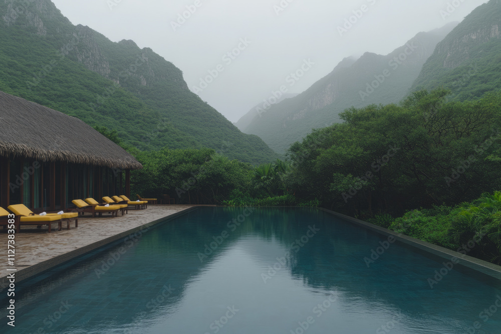 Naklejka premium A pool with a view of mountains and trees