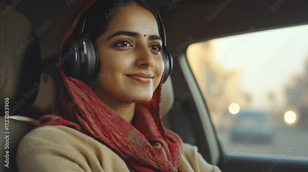 Smiling Indian Woman Wearing Headphones Sitting in Car s Backseat with Cinematic Lighting
