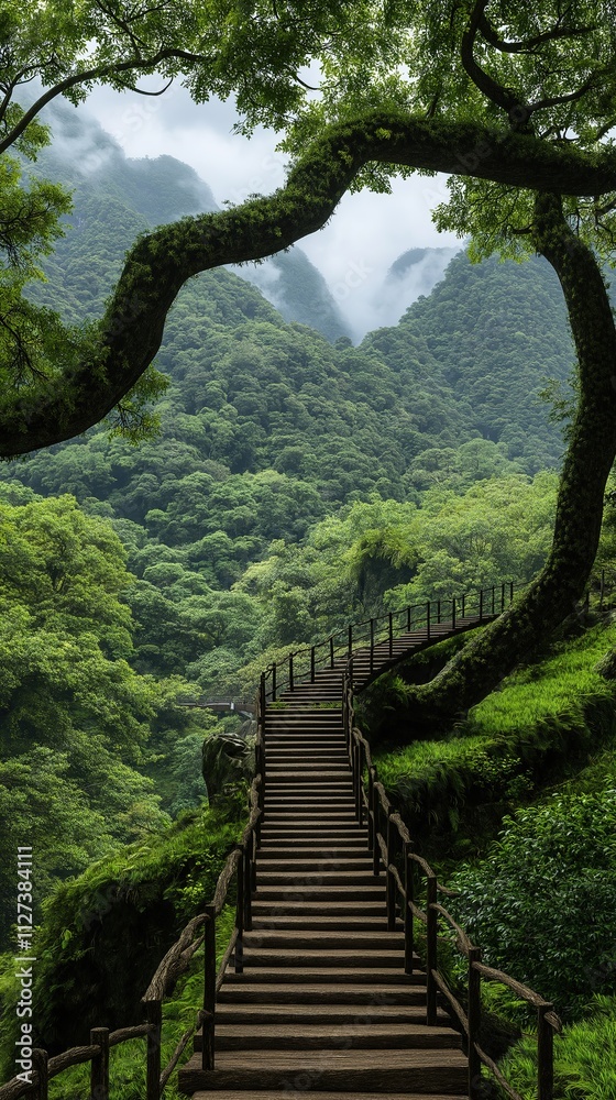 A long tree with a winding staircase leading up to it