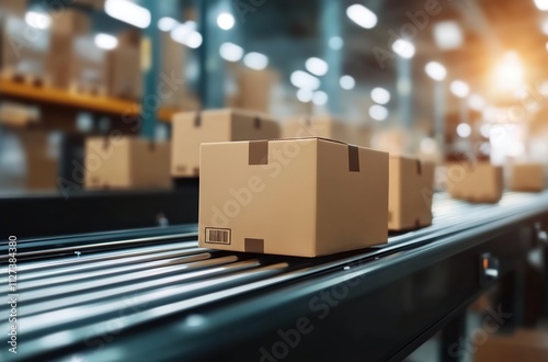 Close-up of cardboard boxes on a conveyor belt in a warehouse for a drop-shipping concept. photo