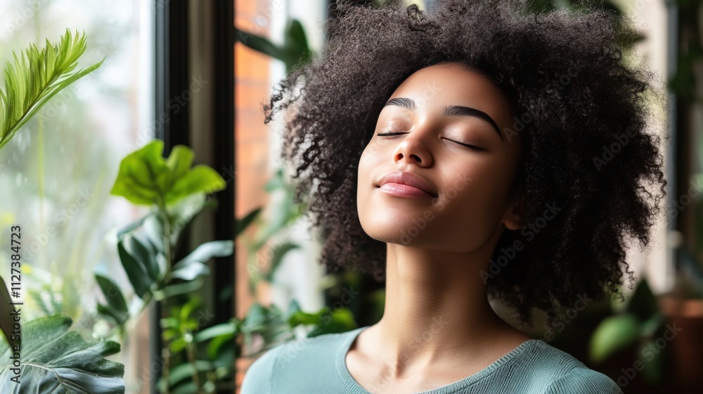 Serene Young Woman With Afro Hair Near Plants Serene Young Woman With Afro Hair Near Plants