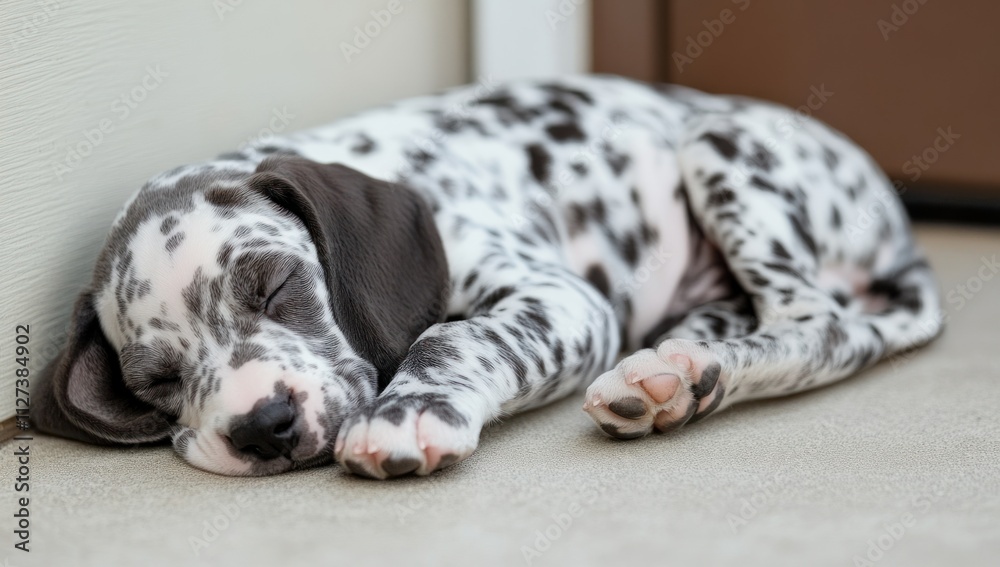 A sleeping puppy with a spotted coat resting peacefully on a floor. A sleeping puppy with a spotted coat resting peacefully on a floor.