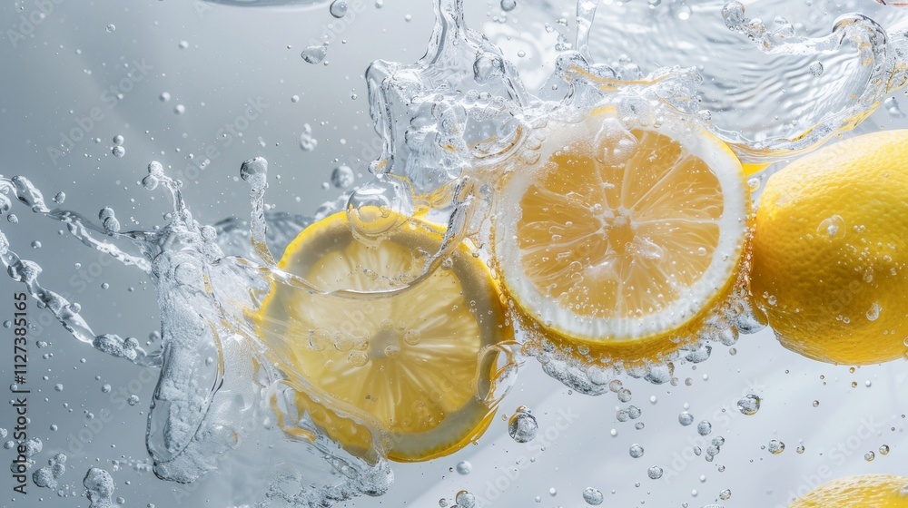 Slices of lemons splashing into water with bubbles Slices of lemons splashing into water with bubbles