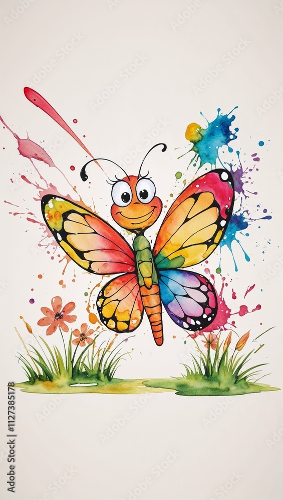 Fototapeta premium Colorful illustration of a smiling butterfly with vibrant splashes and flowers