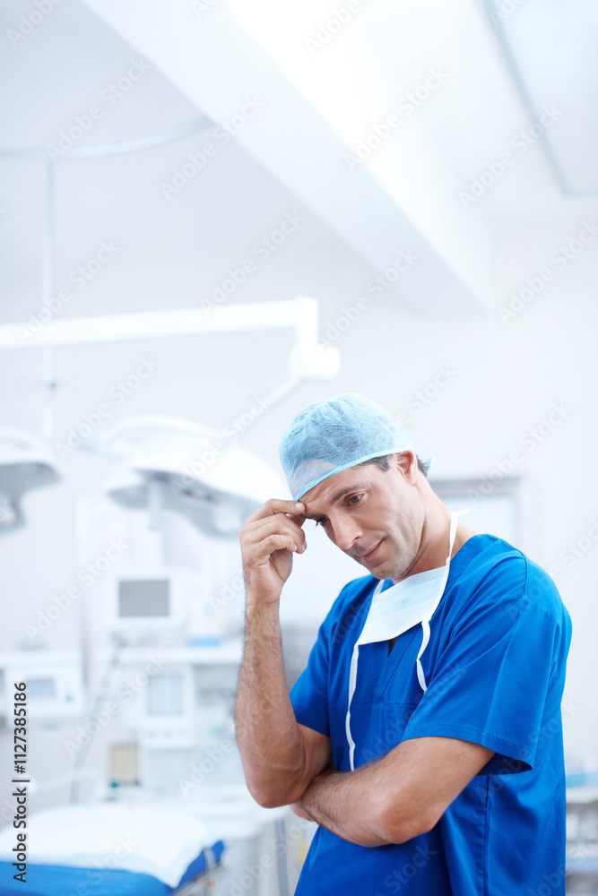 Burnout, surgery and thinking with man in hospital for patient loss, healthcare and frustrated. Medical malpractice, sad and depression with doctor in operating room for theatre, nurse and doubt Burnout, surgery and thinking with man in hospital for patient loss, healthcare and frustrated. Medical malpractice, sad and depression with doctor in operating room for theatre, nurse and doubt