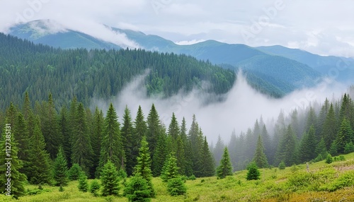 Enchanting Misty Fir Forest A Serene Landscape of Evergreen Trees Shrouded in Fog, Perfect for Nature Lovers and Photographers Seeking Tranquility and Natural Beauty in the Wilderness