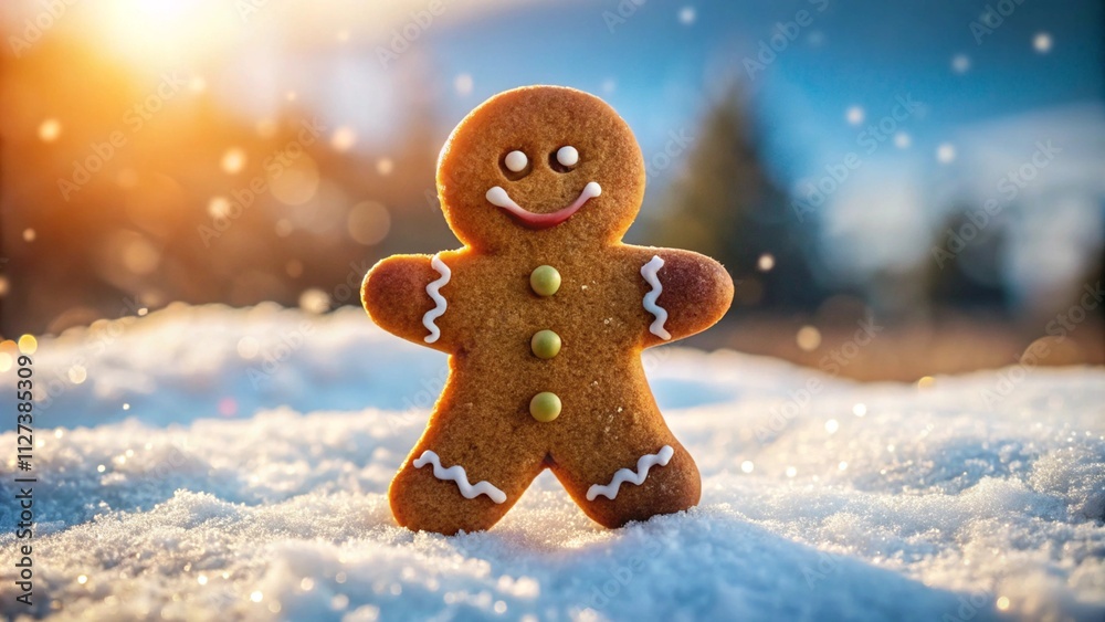 A gingerbread man is smiling and standing on snowy. Generative AI illustration for Merry Christmas, Winter Holiday, and New Year. A gingerbread man is smiling and standing on snowy. Generative AI illustration for Merry Christmas, Winter Holiday, and New Year.