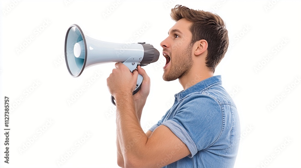 Man in denim shirt shouting through megaphone against white background, emphasizing communication, expression, and announcement in a dynamic and engaging manner. Man in denim shirt shouting through megaphone against white background, emphasizing communication, expression, and announcement in a dynamic and engaging manner.