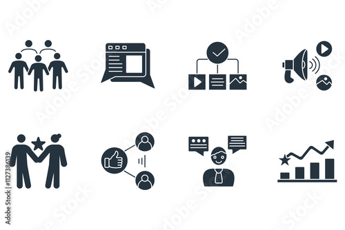 Community Manager activities icons set . Community Manager activities pack symbol vector elements for infographic web