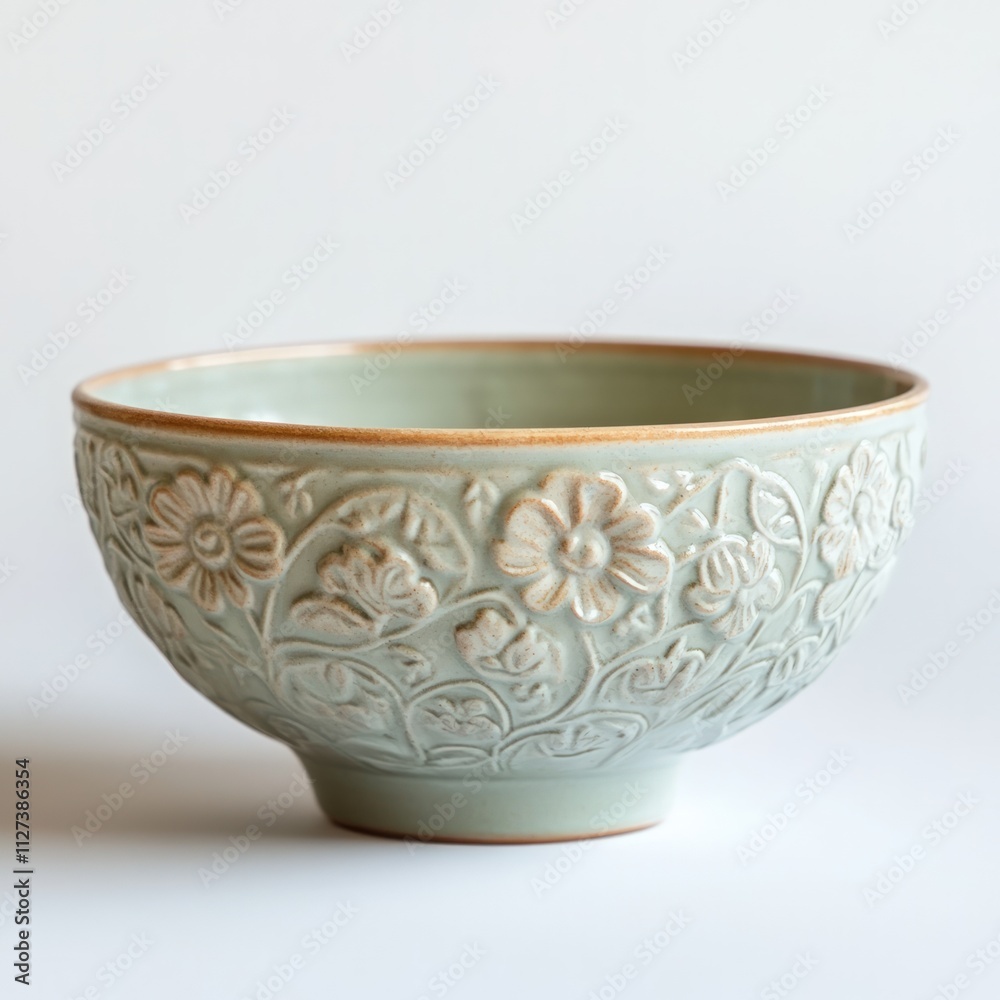 Pale green bowl, floral embossed design.