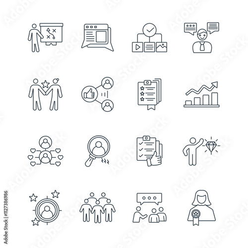 Community Manager activities icons set . Community Manager activities pack symbol vector elements for infographic web