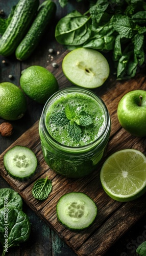 A refreshing green smoothie in a jar, surrounded by fresh fruits and vegetables.