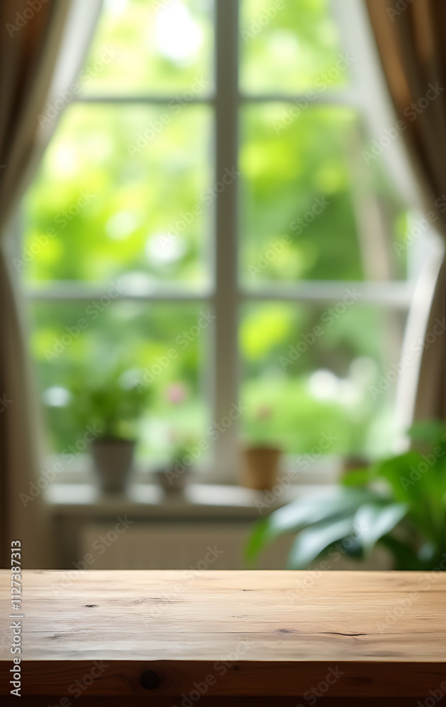 A wooden tabletop sits atop a blurred curtain backdrop with vibrant green foliage from the garden visible in the distance outside._00003_ A wooden tabletop sits atop a blurred curtain backdrop with vibrant green foliage from the garden visible in the distance outside._00003_