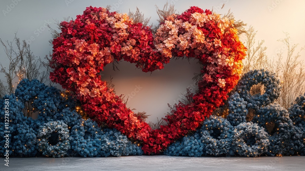 Heart-shaped floral installation with vibrant red and blue blooms illuminated by subtle lights