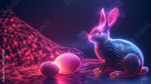 Glowing digital neon blue bunny sits in dark futuristic background next to digital eggs. Easter celebration concept.