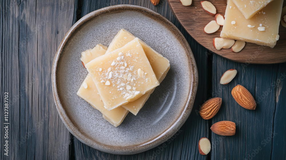 Fototapeta premium Generative AI image of oriental dish burfi on plate with delicious almond placed on wooden table