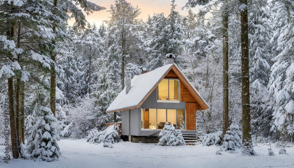Stunning Modern Aframe House Cabin Nestled in a Winter Forest Wonderland, Beautifully Covered in Snow, Offering a Cozy Retreat Amidst Natures Serene Beauty Stunning Modern Aframe House Cabin Nestled in a Winter Forest Wonderland, Beautifully Covered in Snow, Offering a Cozy Retreat Amidst Natures Serene Beauty