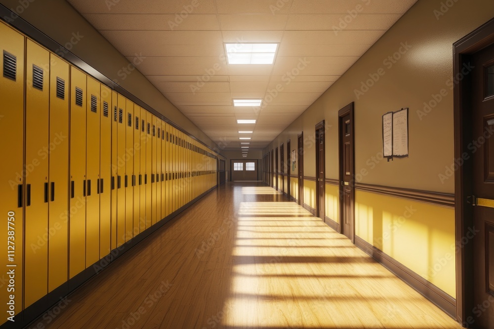 A bright school hallway with yellow lockers and wooden flooring, creating a welcoming atmosphere. A bright school hallway with yellow lockers and wooden flooring, creating a welcoming atmosphere.
