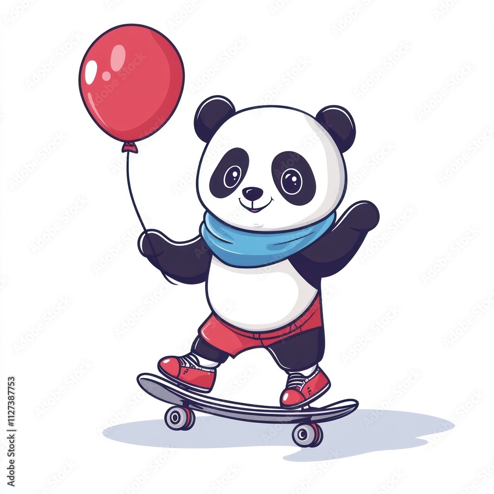 A playful panda on a skateboard holding a red balloon, exuding a fun and cheerful vibe. A playful panda on a skateboard holding a red balloon, exuding a fun and cheerful vibe.