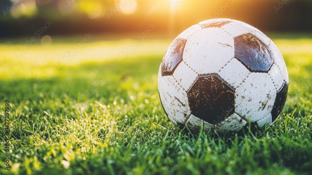Obraz premium Golden Hour Soccer Ball on Lush Green Grass