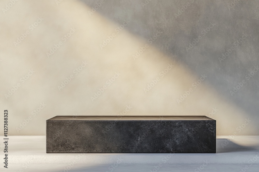 Minimalist display platform with soft lighting against a textured wall. Minimalist display platform with soft lighting against a textured wall.