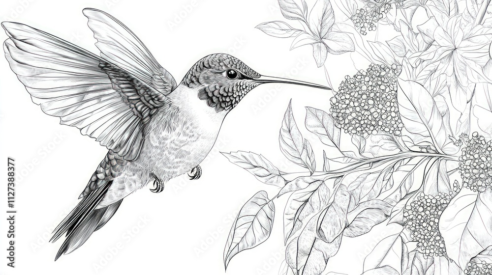 Obraz premium Hummingbird in flight, nearing flowers.