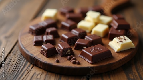 Assorted chocolate pieces displayed on a rustic wooden board, showcasing various types such as dark, milk, and white chocolate, ideal for food photography and gourmet chocolate promotions photo