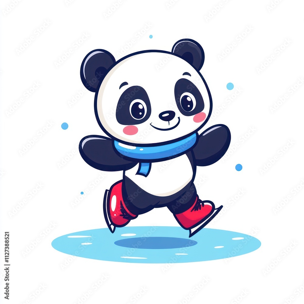 A cheerful panda ice skating on a frozen surface, wearing a blue scarf and red skates. A cheerful panda ice skating on a frozen surface, wearing a blue scarf and red skates.