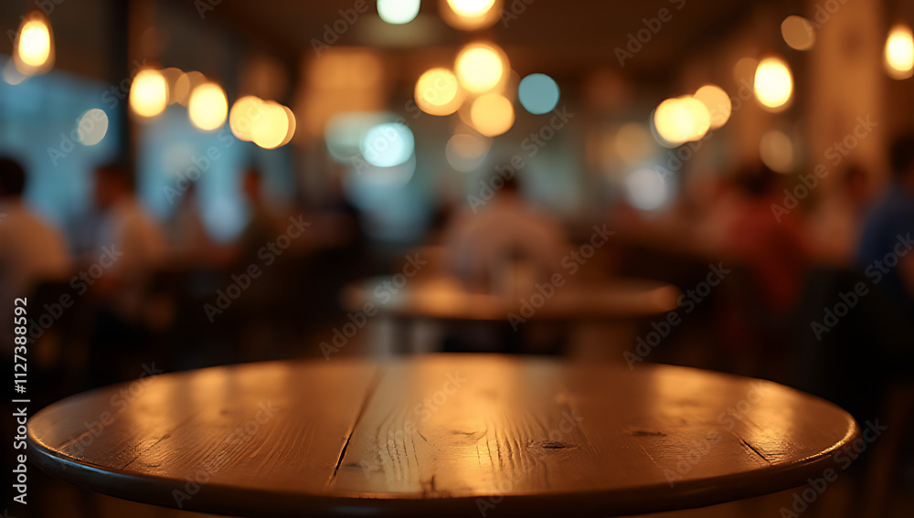 Obraz premium A wood table top with a blur light bokeh effect in a dimly lit night atmosphere of a busy restaurant or cafe setting._00001_