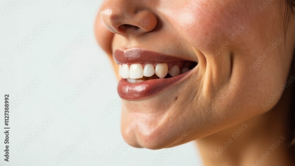 Obraz premium Perfect girl lips, lipstick color Mocha mousse. Smile. Close-up. Natural beauty