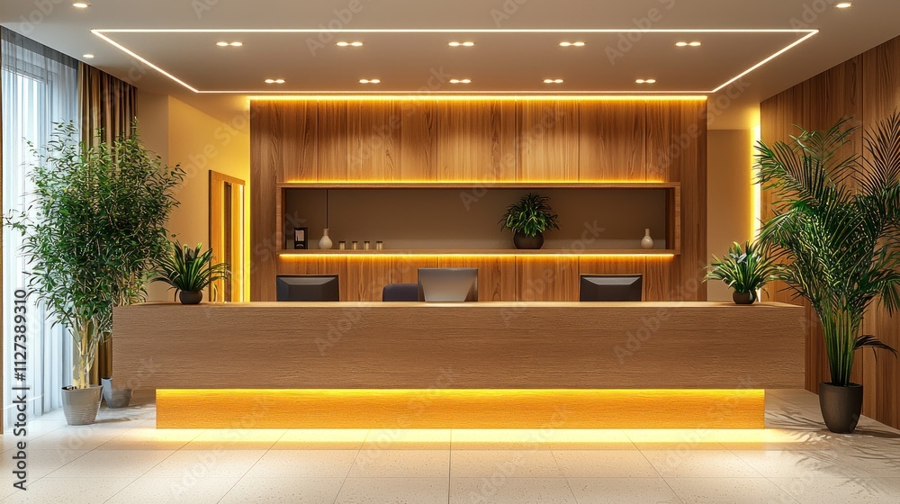 Modern Hotel Reception Desk Design: Warm Lighting and Wooden Accents Modern Hotel Reception Desk Design: Warm Lighting and Wooden Accents